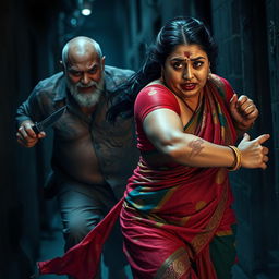 A dramatic and intense scene capturing a bruised and cut plump Indian female character in a vibrant saree, expressing fear as she runs for her life