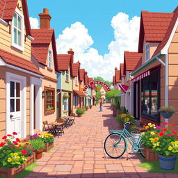 A charming pixel art scene depicting a cozy street filled with quaint little houses, a welcoming café with outdoor seating, colorful flower beds lining the walkway, and a vintage bicycle parked nearby