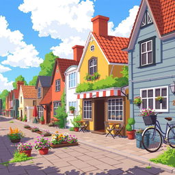 A charming pixel art scene depicting a cozy street filled with quaint little houses, a welcoming café with outdoor seating, colorful flower beds lining the walkway, and a vintage bicycle parked nearby