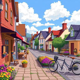 A charming pixel art scene depicting a cozy street filled with quaint little houses, a welcoming café with outdoor seating, colorful flower beds lining the walkway, and a vintage bicycle parked nearby