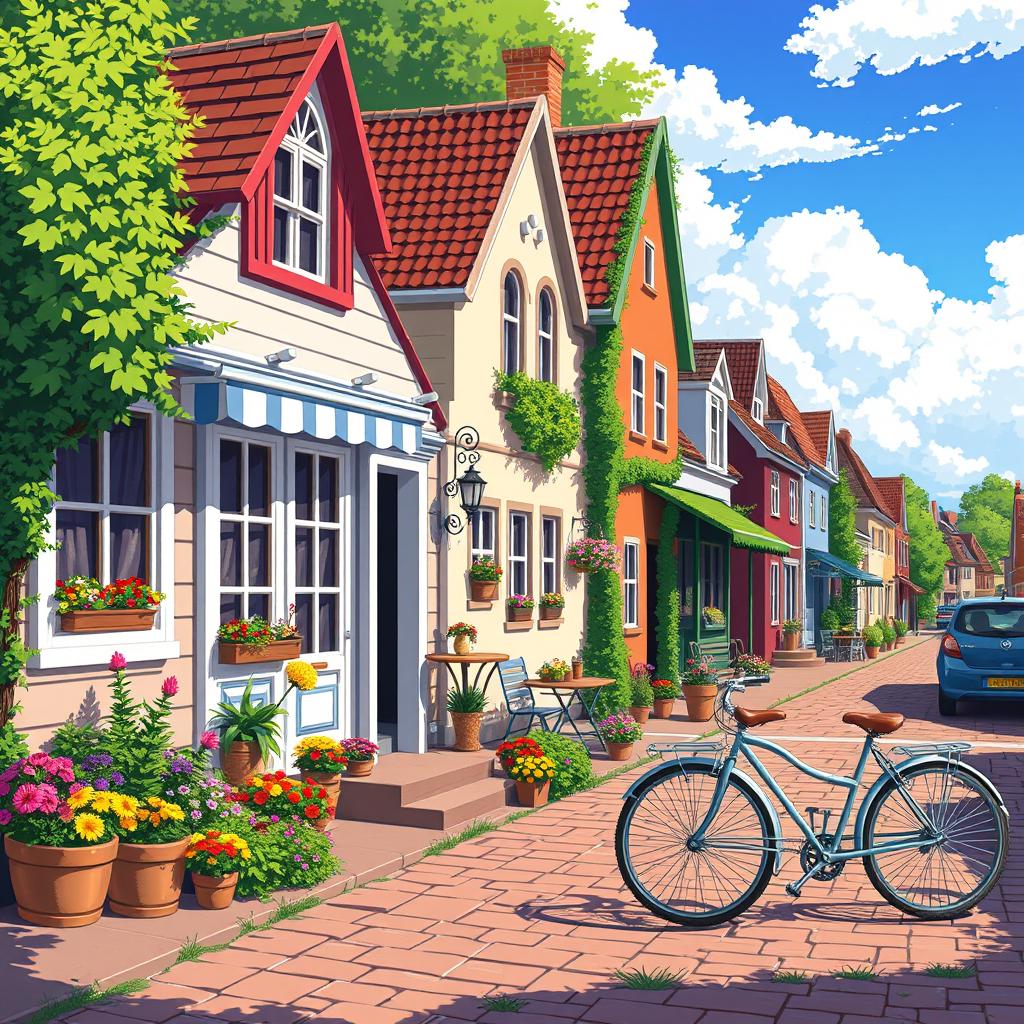 A charming pixel art scene depicting a cozy street filled with quaint little houses, a welcoming café with outdoor seating, colorful flower beds lining the walkway, and a vintage bicycle parked nearby