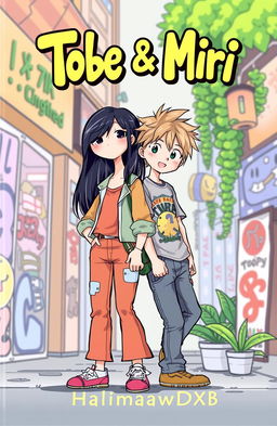 A vibrant book cover for 'Tobe & Miri' featuring an illustration of a tall girl with long black hair and a short boy with messy dirty-blonde hair