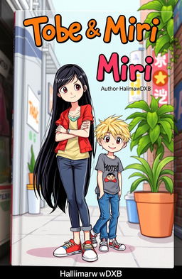 A vibrant book cover for 'Tobe & Miri' featuring an illustration of a tall girl with long black hair and a short boy with messy dirty-blonde hair