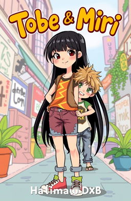 A vibrant book cover for 'Tobe & Miri' featuring an illustration of a tall girl with long black hair and a short boy with messy dirty-blonde hair