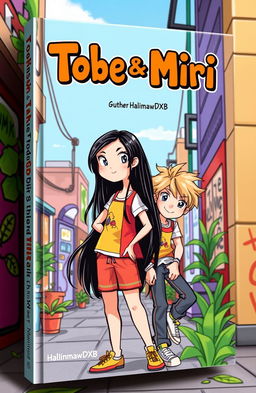 A vibrant book cover for 'Tobe & Miri' featuring an illustration of a tall girl with long black hair and a short boy with messy dirty-blonde hair