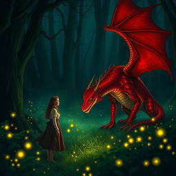 An enchanting fantasy scene featuring a simple woman who is lost in a green forest at night, encountering a magnificent red dragon