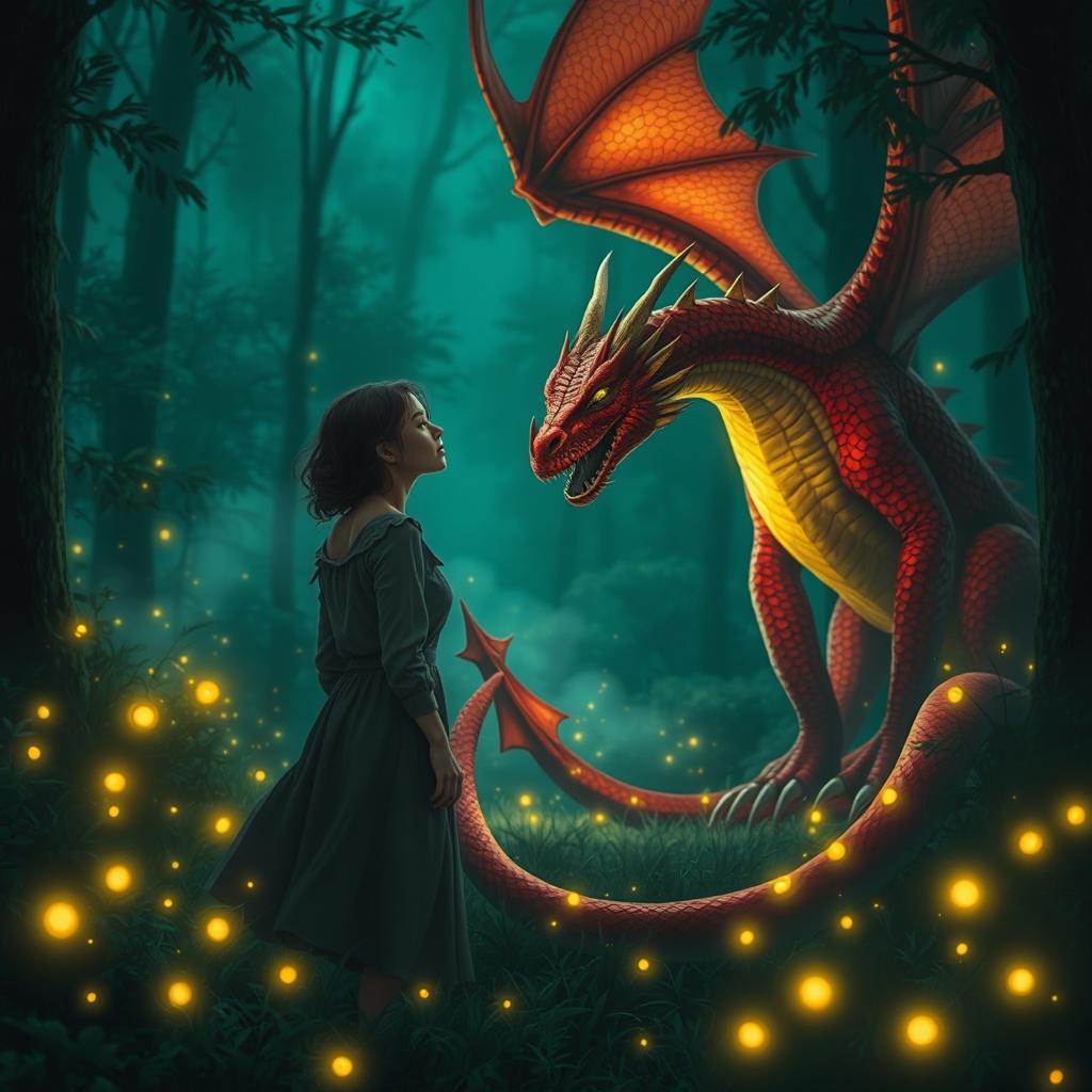 An enchanting fantasy scene featuring a simple woman who is lost in a green forest at night, encountering a magnificent red dragon