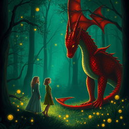 An enchanting fantasy scene featuring a simple woman who is lost in a green forest at night, encountering a magnificent red dragon