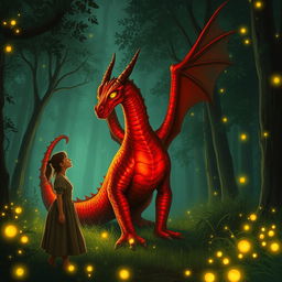 An enchanting fantasy scene featuring a simple woman who is lost in a green forest at night, encountering a magnificent red dragon