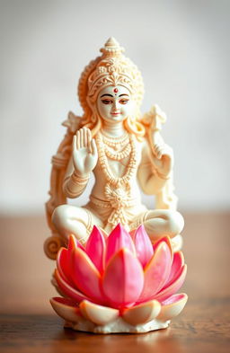 A beautifully crafted idol of a Jain god, intricately designed and adorned with details, prominently featuring a serene lotus flower at the base