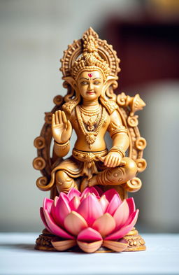 A beautifully crafted idol of a Jain god, intricately designed and adorned with details, prominently featuring a serene lotus flower at the base