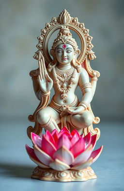 A beautifully crafted idol of a Jain god, intricately designed and adorned with details, prominently featuring a serene lotus flower at the base