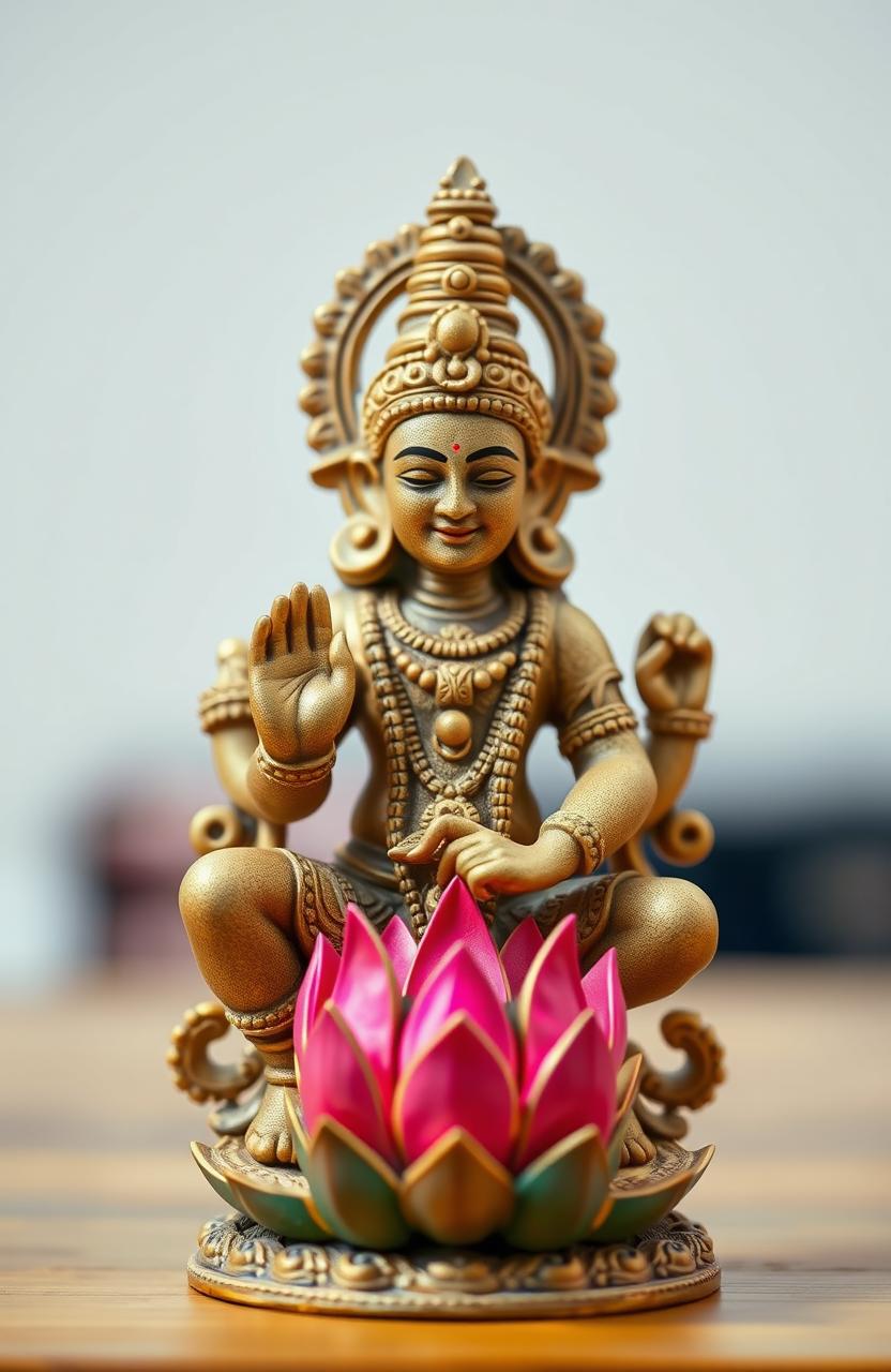 A beautifully crafted idol of a Jain god, intricately designed and adorned with details, prominently featuring a serene lotus flower at the base