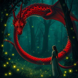 An enchanting fantasy scene depicting a simple woman who is lost in a green forest at night, encountering a stunning red dragon