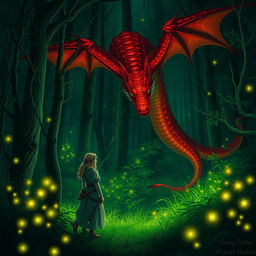 An enchanting fantasy scene depicting a simple woman who is lost in a green forest at night, encountering a stunning red dragon