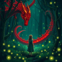 An enchanting fantasy scene depicting a simple woman who is lost in a green forest at night, encountering a stunning red dragon