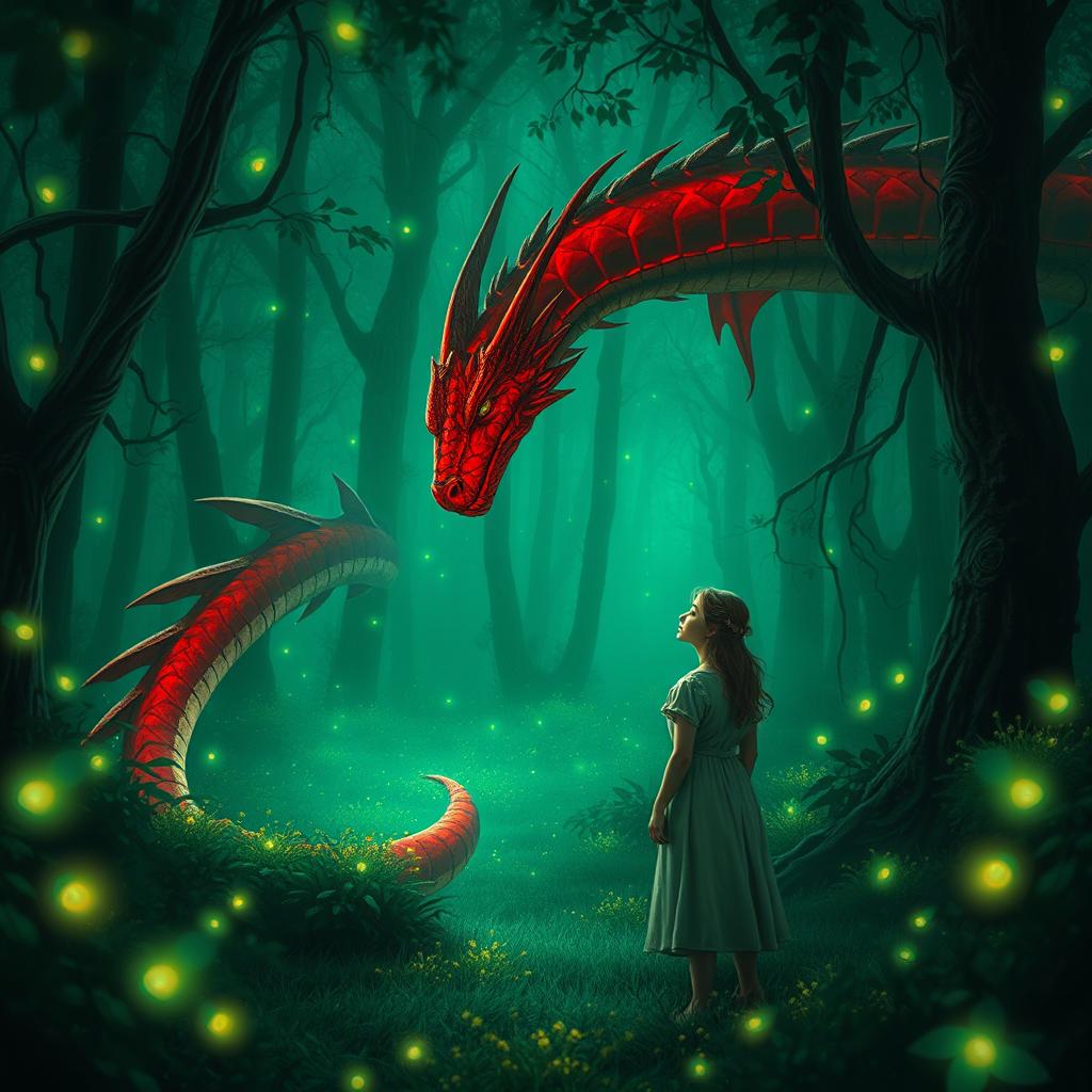 An enchanting fantasy scene depicting a simple woman who is lost in a green forest at night, encountering a stunning red dragon