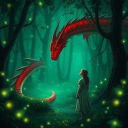 An enchanting fantasy scene depicting a simple woman who is lost in a green forest at night, encountering a stunning red dragon