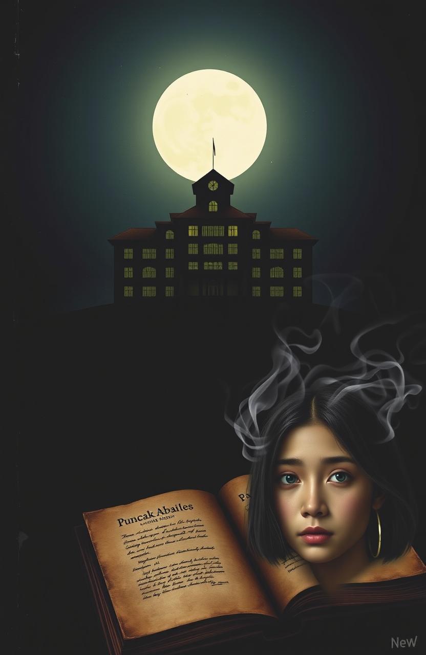 A novel cover featuring the silhouette of the Puncak Abadi High School standing majestically on a hill, against a dark night sky