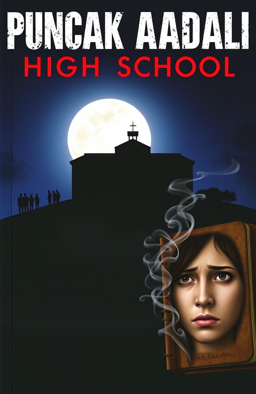 A novel cover featuring the silhouette of the Puncak Abadi High School standing majestically on a hill, against a dark night sky