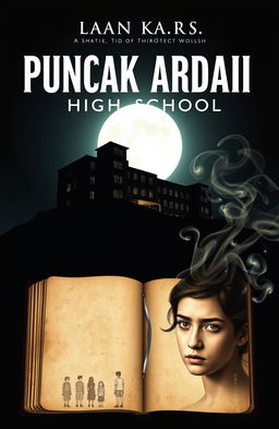 A novel cover featuring the silhouette of the Puncak Abadi High School standing majestically on a hill, against a dark night sky