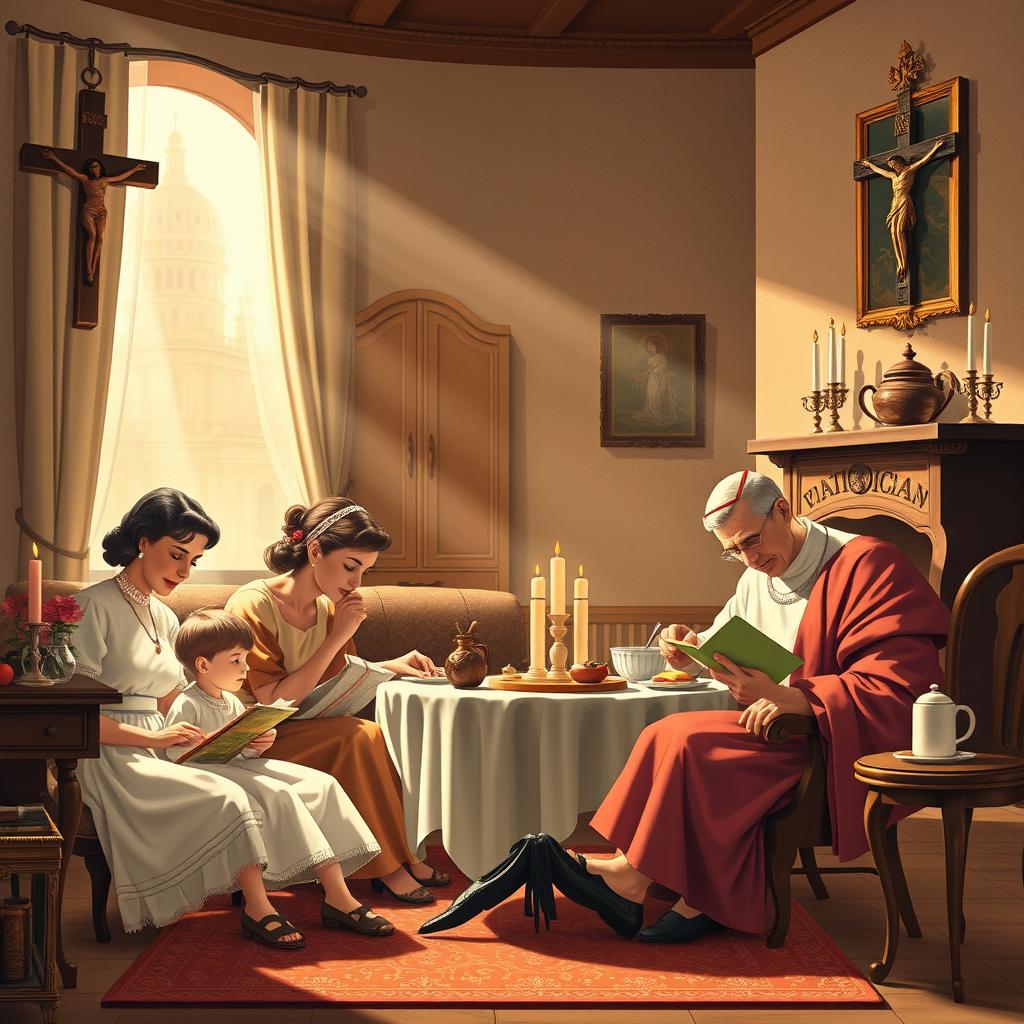 A detailed illustration representing family life in Vatican City during the 1950s, just after World War II