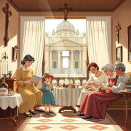 A detailed illustration representing family life in Vatican City during the 1950s, just after World War II