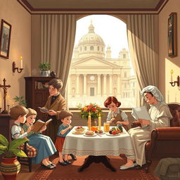 A detailed illustration representing family life in Vatican City during the 1950s, just after World War II