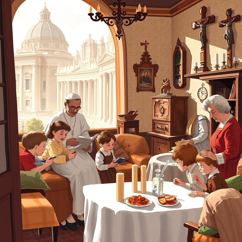 A detailed illustration representing family life in Vatican City during the 1950s, just after World War II