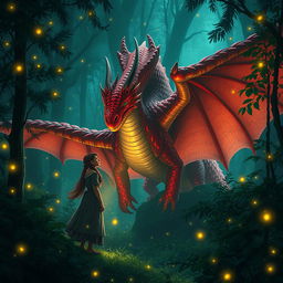 An enchanting fantasy scene set in a green forest at night, featuring a simple woman who is lost and comes across a magnificent red dragon