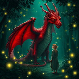 An enchanting fantasy scene set in a green forest at night, featuring a simple woman who is lost and comes across a magnificent red dragon