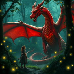 An enchanting fantasy scene set in a green forest at night, featuring a simple woman who is lost and comes across a magnificent red dragon