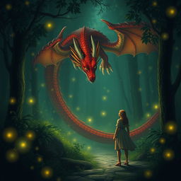 An enchanting fantasy scene set in a green forest at night, featuring a simple woman who is lost and comes across a magnificent red dragon