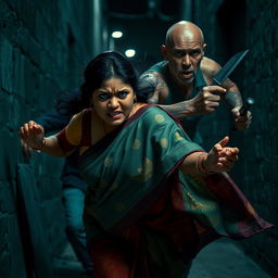 A dramatic and intense scene depicting a bruised and cut plump Indian female character in a colorful saree, filled with fear as she runs urgently