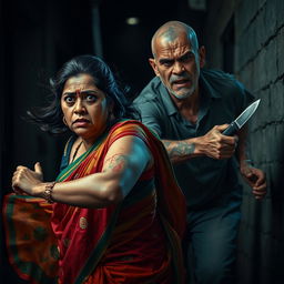 A dramatic and intense scene depicting a bruised and cut plump Indian female character in a colorful saree, filled with fear as she runs urgently