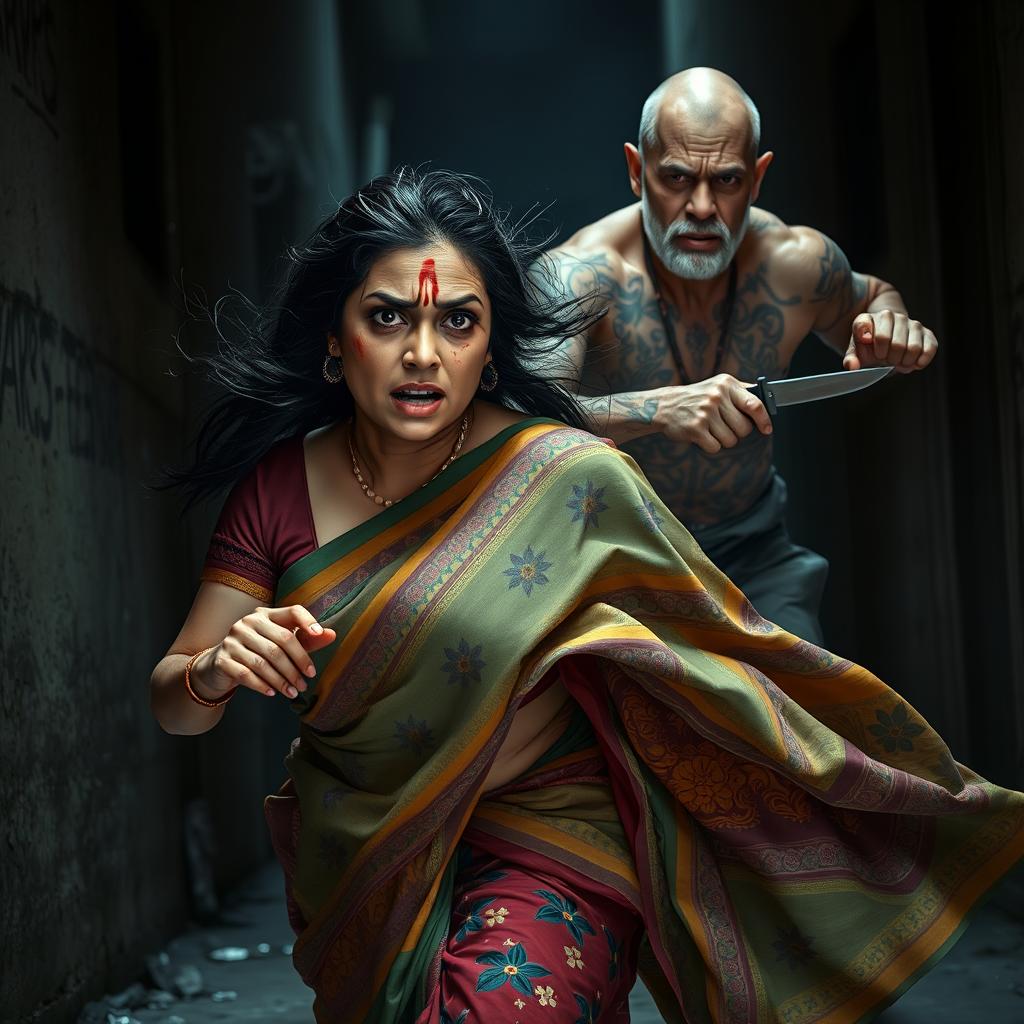 A dramatic and intense scene depicting a bruised and cut plump Indian female character in a colorful saree, filled with fear as she runs urgently