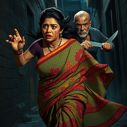 A dramatic and intense scene depicting a bruised and cut plump Indian female character in a colorful saree, filled with fear as she runs urgently