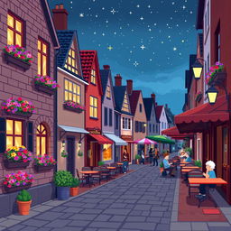 A delightful pixel art scene of a European street at night, featuring charming little houses with lit windows, vibrant flower boxes overflowing with blooms, a cozy café with tables and colorful umbrellas set outside