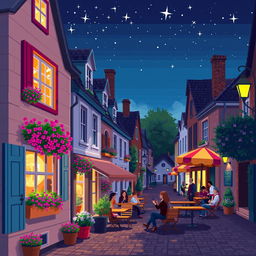 A delightful pixel art scene of a European street at night, featuring charming little houses with lit windows, vibrant flower boxes overflowing with blooms, a cozy café with tables and colorful umbrellas set outside