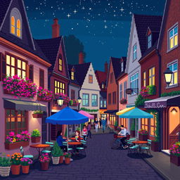 A delightful pixel art scene of a European street at night, featuring charming little houses with lit windows, vibrant flower boxes overflowing with blooms, a cozy café with tables and colorful umbrellas set outside