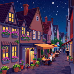 A delightful pixel art scene of a European street at night, featuring charming little houses with lit windows, vibrant flower boxes overflowing with blooms, a cozy café with tables and colorful umbrellas set outside