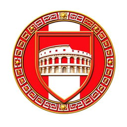 An emblem representing a Greco-Roman civilization, featuring a rectangular shield as the central element