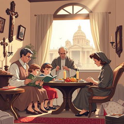 A detailed illustration representing family life in Vatican City during the 1950s, just after World War II, featuring Pope Pius XII in the background