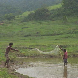 Villagers catching fish with a net in a pastoral setting, showcasing rural livelihood