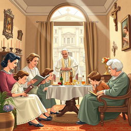 A detailed illustration representing family life in Vatican City during the 1950s, just after World War II, featuring Pope Pius XII in the background