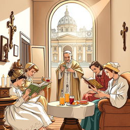 A detailed illustration representing family life in Vatican City during the 1950s, just after World War II, featuring Pope Pius XII in the background