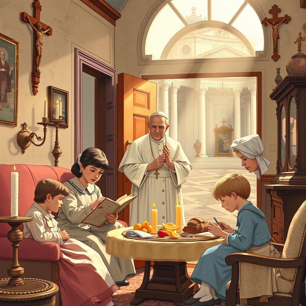 A detailed illustration representing family life in Vatican City during the 1950s, just after World War II, featuring Pope Pius XII in the background