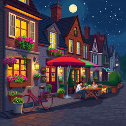 A night street scene in pixel art style with large pixels, featuring adorable little European houses illuminated by warm lights, vibrant flower boxes bursting with color, and a vintage bicycle parked nearby