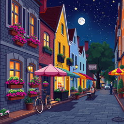 A night street scene in pixel art style with large pixels, featuring adorable little European houses illuminated by warm lights, vibrant flower boxes bursting with color, and a vintage bicycle parked nearby