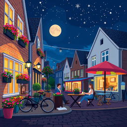 A night street scene in pixel art style with large pixels, featuring adorable little European houses illuminated by warm lights, vibrant flower boxes bursting with color, and a vintage bicycle parked nearby